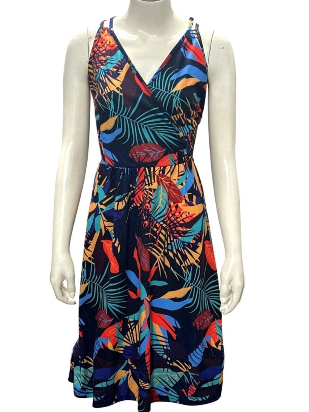 Tropical Print Crisscross Straps Multicolor Sleeveless Dress Lightweight Style